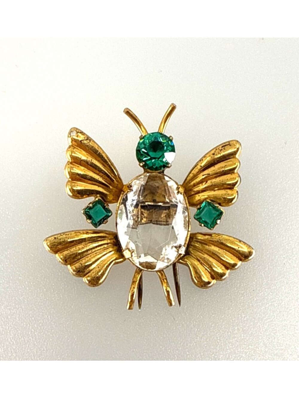 VTG Madeleine Rhinestone Fur Clip Gold Tone, Emerald Green Crystal Insect Bug